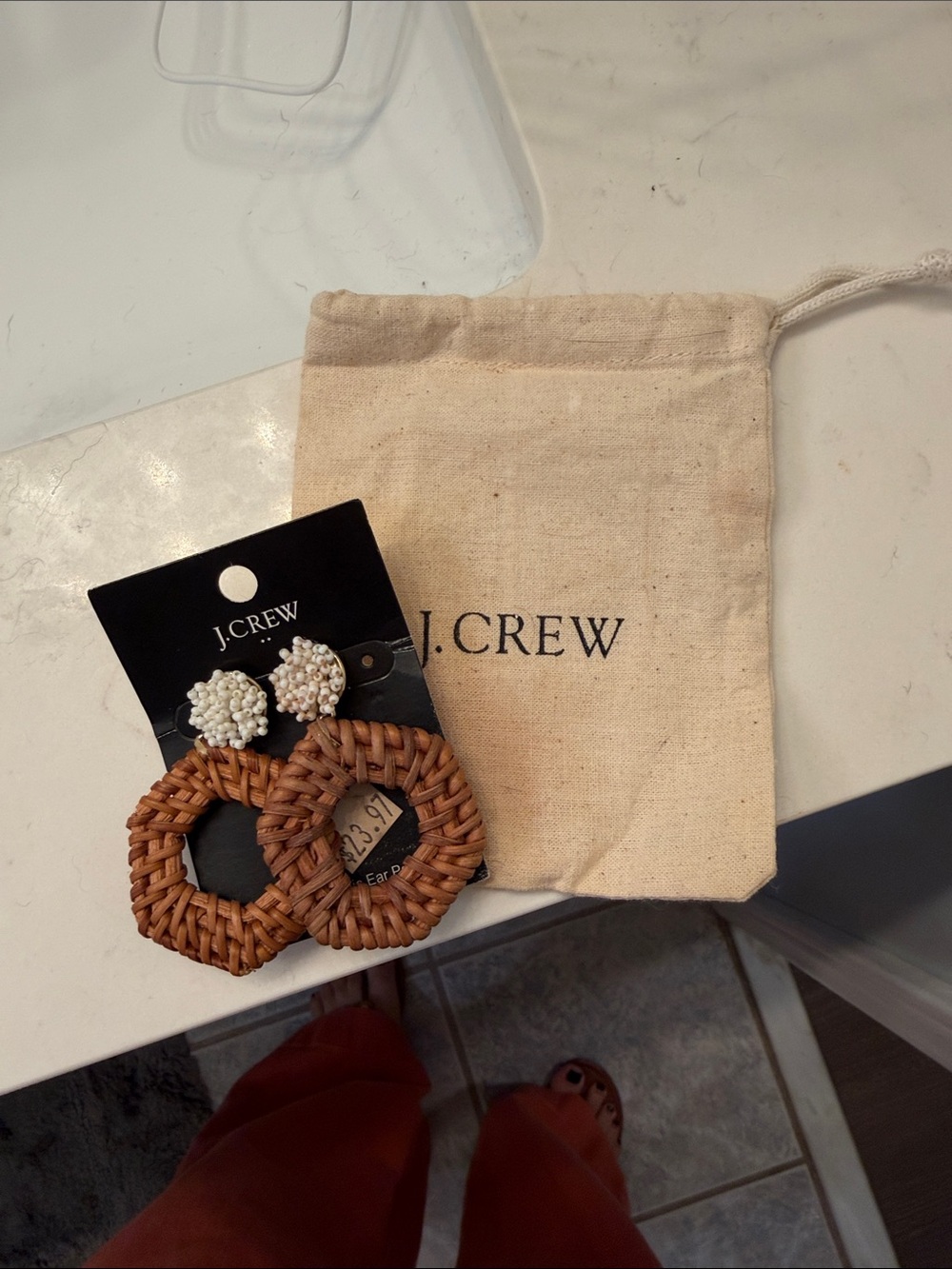 J. Crew Brown Woven Hoop Earrings with White Beaded Studs